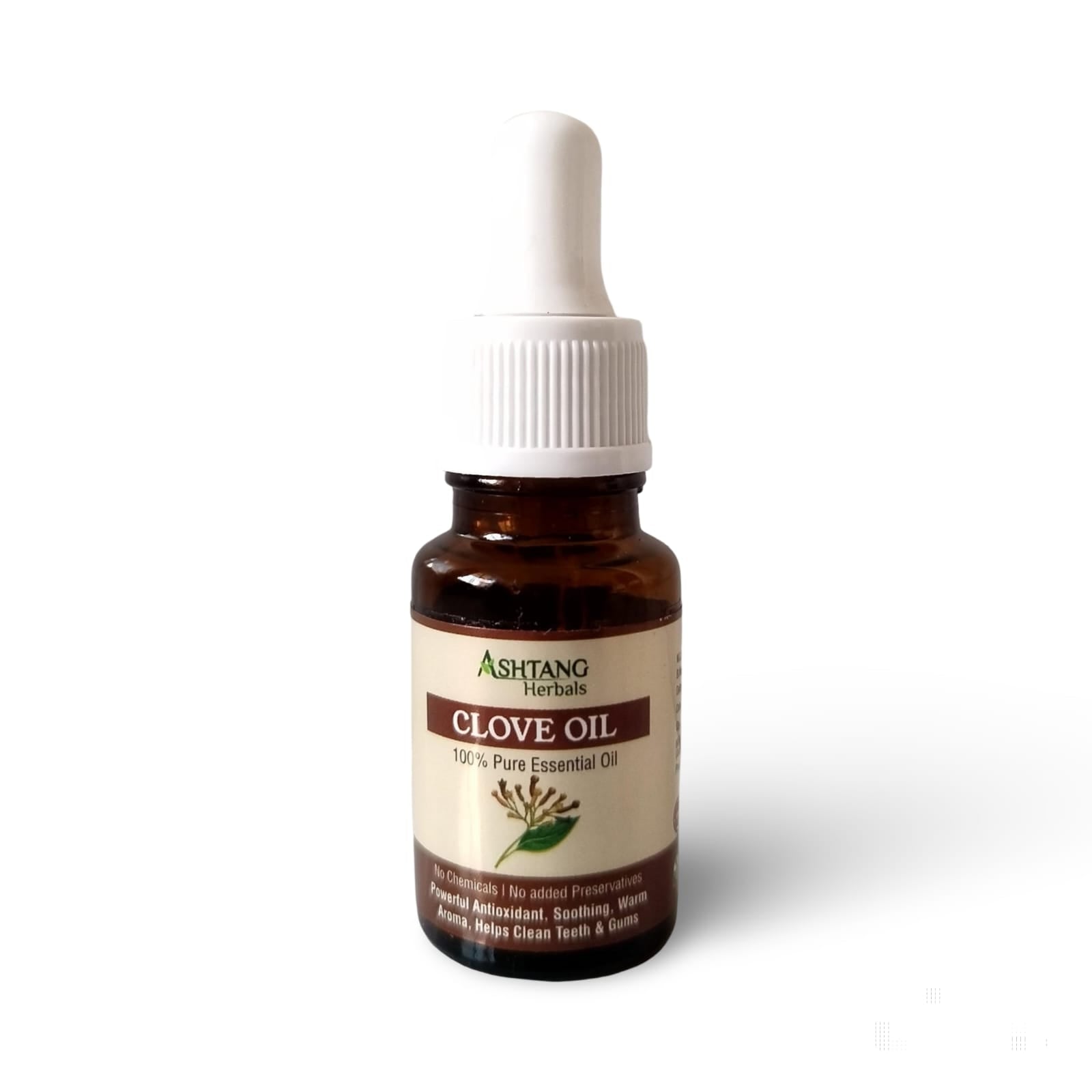 Bottle of Ashtang Herbals Clove Oil on a white background